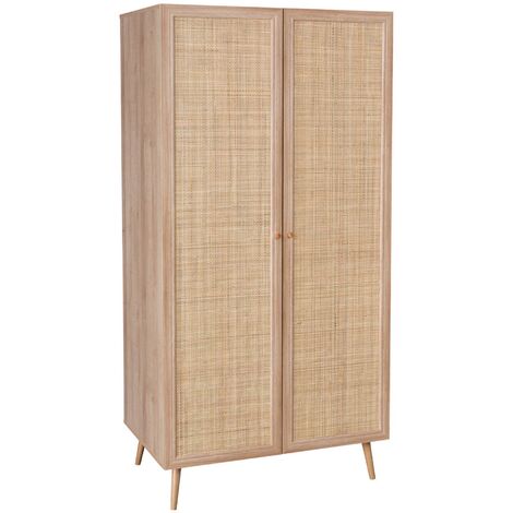 Armoire cannage et effet bois 2 portes avec étagère et tringle - Hauteur 179.5cm