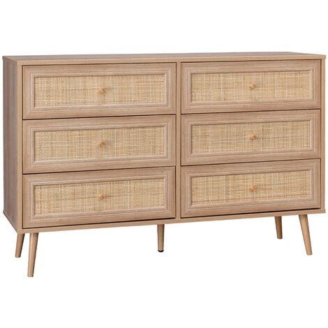 Commode effet bois et cannage 6 tiroirs Bohème. couleur naturelle - 120x39x79cm