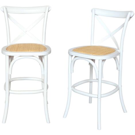 Lot de 2 tabourets de bar bistrot vintage en bois blanc avec repose-pieds