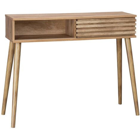 Console scandinave effet bois avec 1 porte coulissante rainurée 2 niches de rangement (1/5)