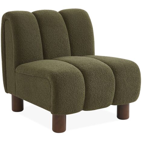 Fauteuil relax pieds arrondis en bois et tissu bouclette kaki foncé (1/5)