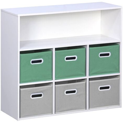 Meuble de rangement pour enfant avec 7 compartiments et 3 paniers verts et 3 paniers gris velours