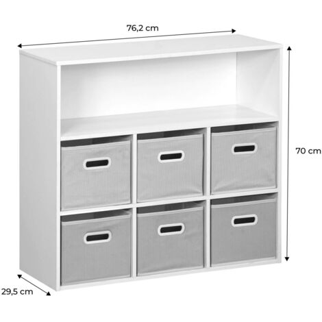 Meuble de rangement pour enfant avec 7 compartiments et 3 paniers verts et 3 paniers gris velours