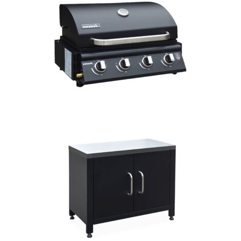 Barbecue à gaz avec 4 brûleurs à poser avec récupérateur de graisse + Meuble de cuisine extérieure en acier L80cm