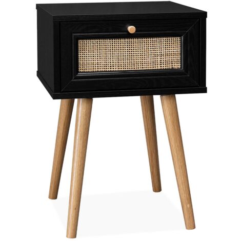 Table de chevet effet bois & cannage avec 1 tiroir - coloris noir - Bohème (1/5)