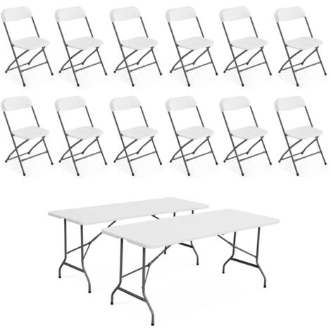 Lot de 2 tables de réception pliables en plastique blanc 180cm + 12 chaises d'appoint. table de camping