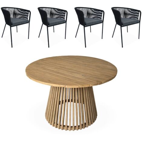 Table à manger bois d'acacia ronde. intérieur / extérieur + 4 fauteuils en corde noir et acier