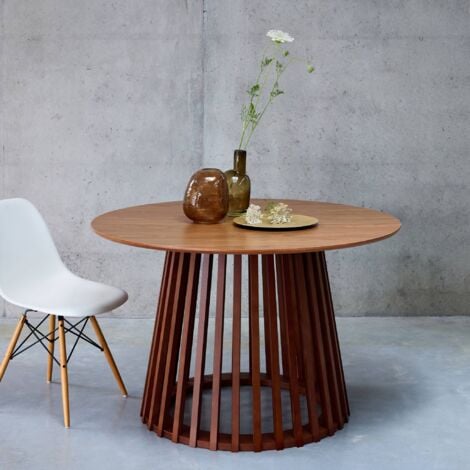Table à manger effet bois noyer. pieds bois de sapin 4 places Ø120cm