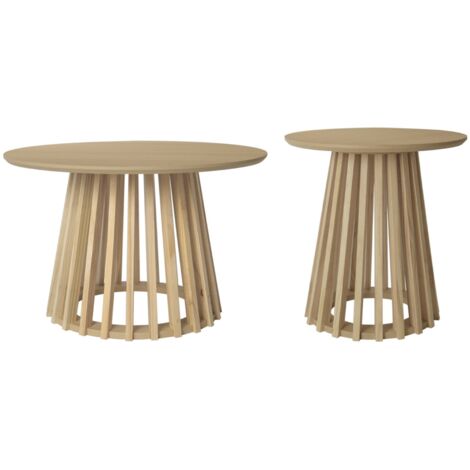 Set de 2 tables basses rondes plateau effet bois chêne et pieds en bois de sapin. Ø40cm et Ø60cm