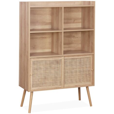 Etagère bibliothèque 5 étagères. 2 portes coulissantes. effet bois et cannage (1/5)