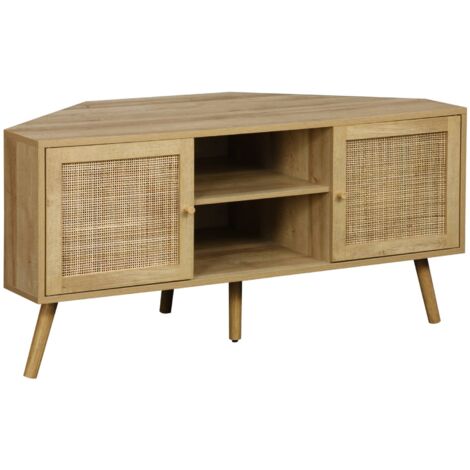 Meuble TV d'angle en décor bois et cannage. 2 portes. 1 étagère. 115cm