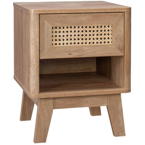 Table de chevet avec 1 tiroir et 1 niche effet bois et cannage. pieds eucalyptus (1/5)