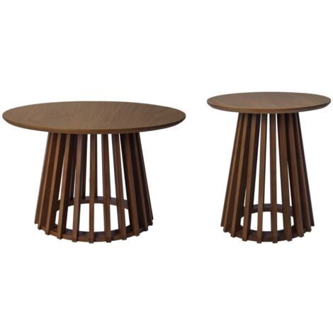 Set de 2 tables basses rondes plateau effet bois noyer et pieds en bois de sapin. Ø40cm et Ø60cm