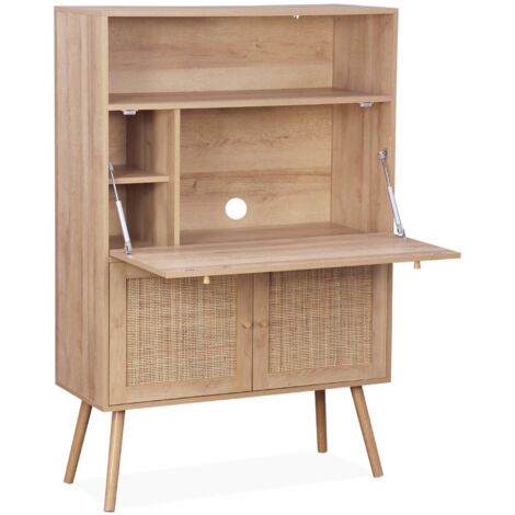 Bureau secrétaire. 2 portes en cannage. étagères. effet bois. pieds en bois de sapin