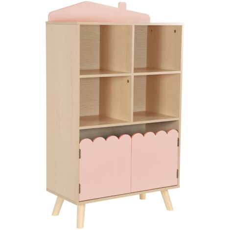 Bibliothèque enfant rose 2 portes et 4 étagères