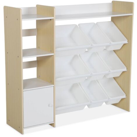 Meuble de rangement enfant. naturel. 9 bacs de rangement. 4 étagères. 1 porte