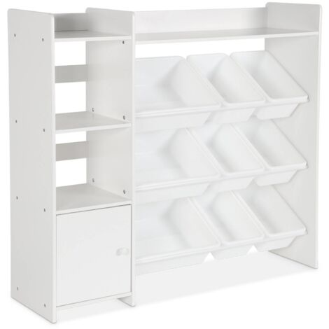 Meuble de rangement enfant. blanc. 9 bacs de rangement. 4 étagères. 1 porte
