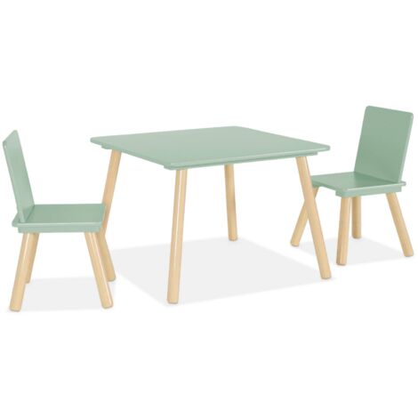 Table carrée enfant avec 2 chaises. pieds en pin. vert