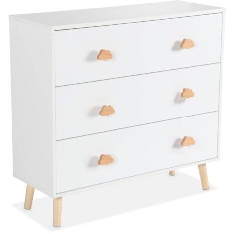 Commode enfant. décor bois. blanc. 3 tiroirs. pieds et poignées nuage en pin