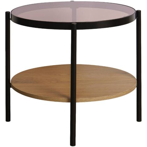 Table basse / d'appoint ronde 52 x 52 cm effet bois et métal noir. 2 plateaux dont un en verre trempé (1/5)