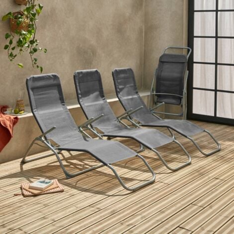 Lot de 4 bains de soleil pliants - Levito Anthracite - Transats textilène 2 positions. chaises longues