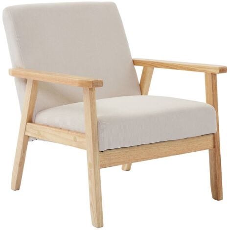 Fauteuil vintage / scandinave structure en bois et contreplaqué et assise en velours côtelé coloris blanc crème (1/5)