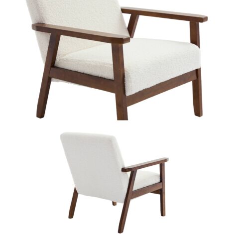 Fauteuil Scandinave En Bois D'hévéa Et Tissu Bouclette – Modèle Isak, Dimensions 64x69,5x73 Cm, Assise Confortable à Ressorts