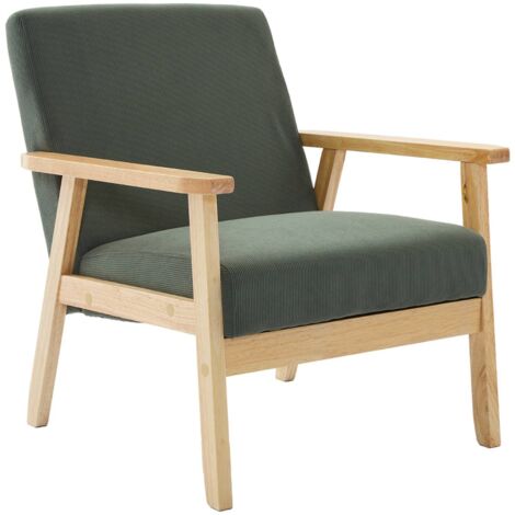 Fauteuil vintage / scandinave structure en bois et contreplaqué et assise en velours côtelé vert kaki