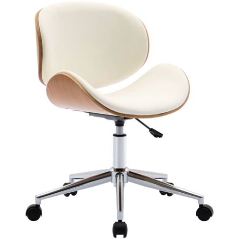 Chaise de bureau à roulettes bois courbé avec placage effet chêne et assise blanche