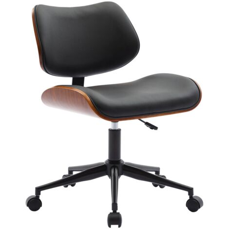 Chaise de bureau à roulettes décor bois courbé placage effet noyer et simili cuir noir (1/5)