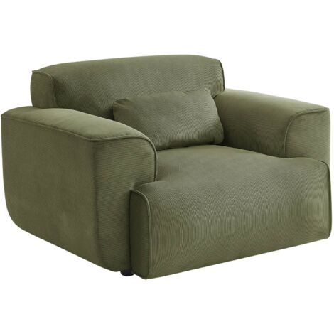 Fauteuil velours côtelé vert. lignes arrondies. coussin fourni. Wallas. L 116 x P 97 x H 73cm (1/5)