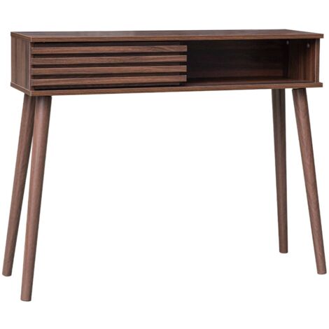 Console scandinave effet bois noyer avec 1 porte coulissante rainurée 2 niches de rangement (1/5)
