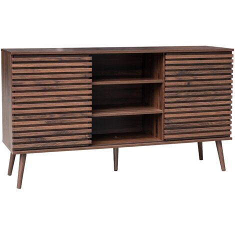 Buffet scandinave décor bois noyer avec 2 portes coulissantes rainurées et 4 étagères. buffet bas. L 140cm (1/5)