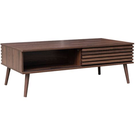 Table basse scandinave avec portes coulissantes décor bois noyer rainuré et niches de rangement