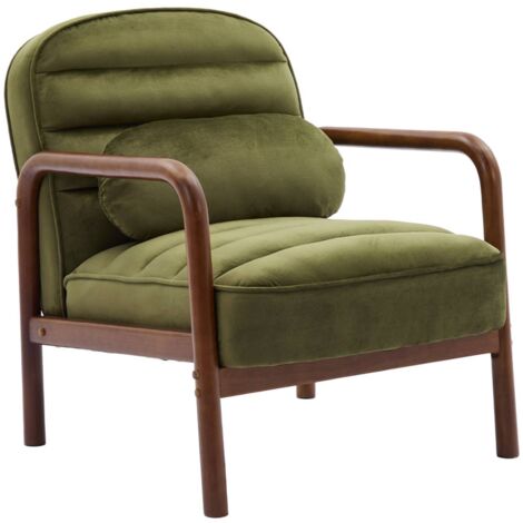 Fauteuil Scandinave En Velours Et Bois D'Hévéa Teinté Noyer | Assise Et Dossier Bombés | Dimensions 66x82x77 Cm