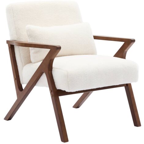 Fauteuil scandinave bois d'hévéa teinté noyer et tissu effet fausse fourrure (1/5)