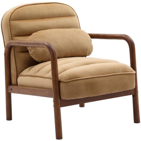 Fauteuil scandinave bois d'hévéa teinté noyer et tissu velours camel
