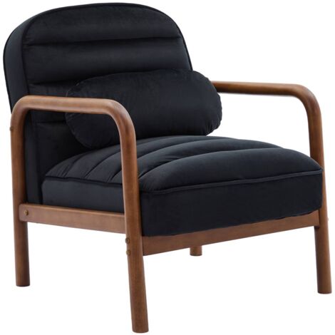 Fauteuil scandinave bois d'hévéa teinté noyer et tissu velours noir (1/5)