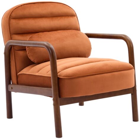 Fauteuil scandinave bois d'hévéa teinté noyer et tissu velours terracotta