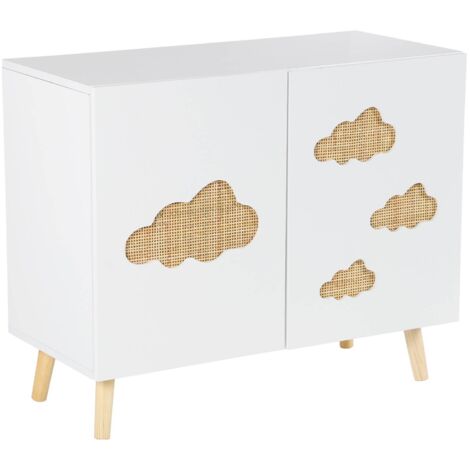Commode enfant. blanc. 2 portes avec nuages en cannage. 2 étagères