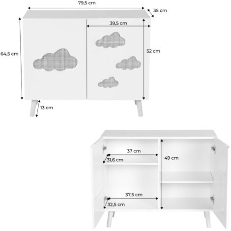 Commode enfant. blanc. 2 portes avec nuages en cannage. 2 étagères