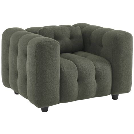 Fauteuil 1 place en bouclette texturée capitonné kaki foncé structure bois d'eucalyptus et contreplaqué