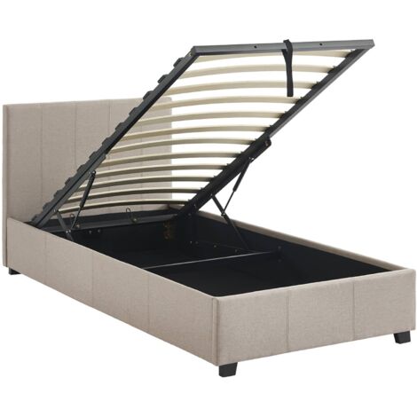 Lit coffre avec sommier à lattes et tête de lit. finition tissu beige. L 202 x P 97.5 x H 86cm (1/5)