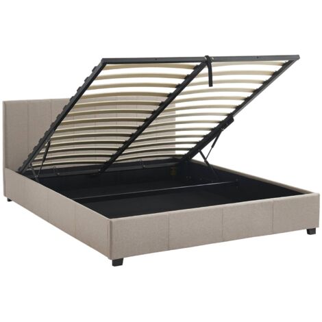 Lit coffre avec sommier à lattes et tête de lit. finition tissu beige. L211 x P168 x H86cm (1/5)
