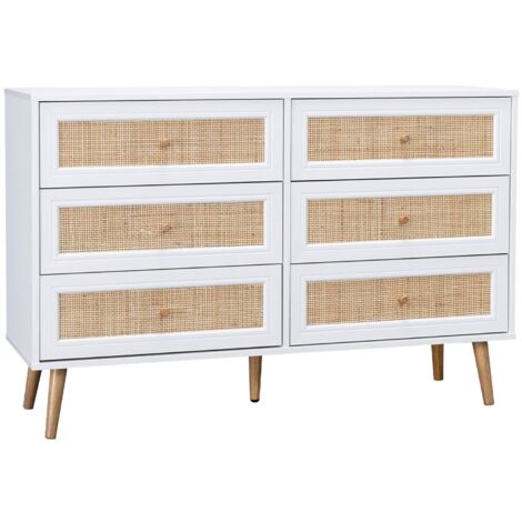 Commode effet bois et cannage 6 tiroirs Bohème. blanc - 120x39x79cm