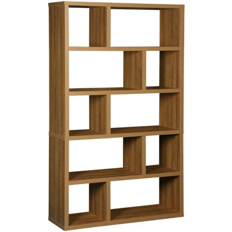 Etagère bibliothèque asymétrique 5 niveaux 10 compartiments. effet bois de manguier. L 111.2 x P 39 x H 190cm