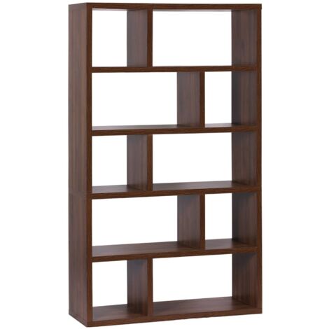 Etagère bibliothèque asymétrique 5 niveaux 10 compartiments. effet bois de noyer. L 111.2 x P 39 x H 190cm (1/4)