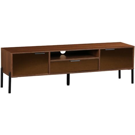 Meuble TV vintage effet bois de noyer. finition vitre fumée. pieds et poignées en métal. L 151.5 x 38 x 44.7cm (1/5)