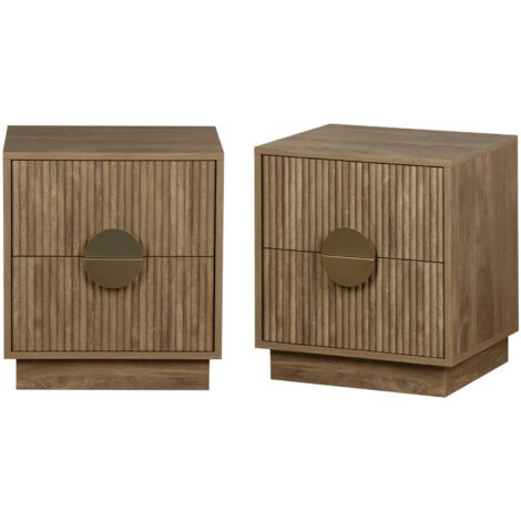Lot de 2 tables de chevet 2 tiroirs effet bois de manguier rainuré. poignées en métal doré. L42 x P38 x H50cm