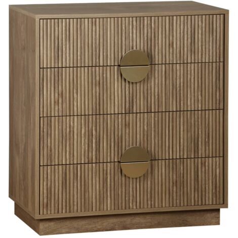 Commode 4 tiroirs effet bois de manguier rainuré. poignées en métal doré. L80 x P40 x H85cm
